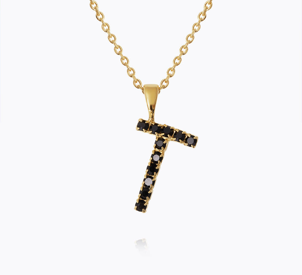 Caroline Svedbom - Mini Letter Black Necklace Letter T Gold